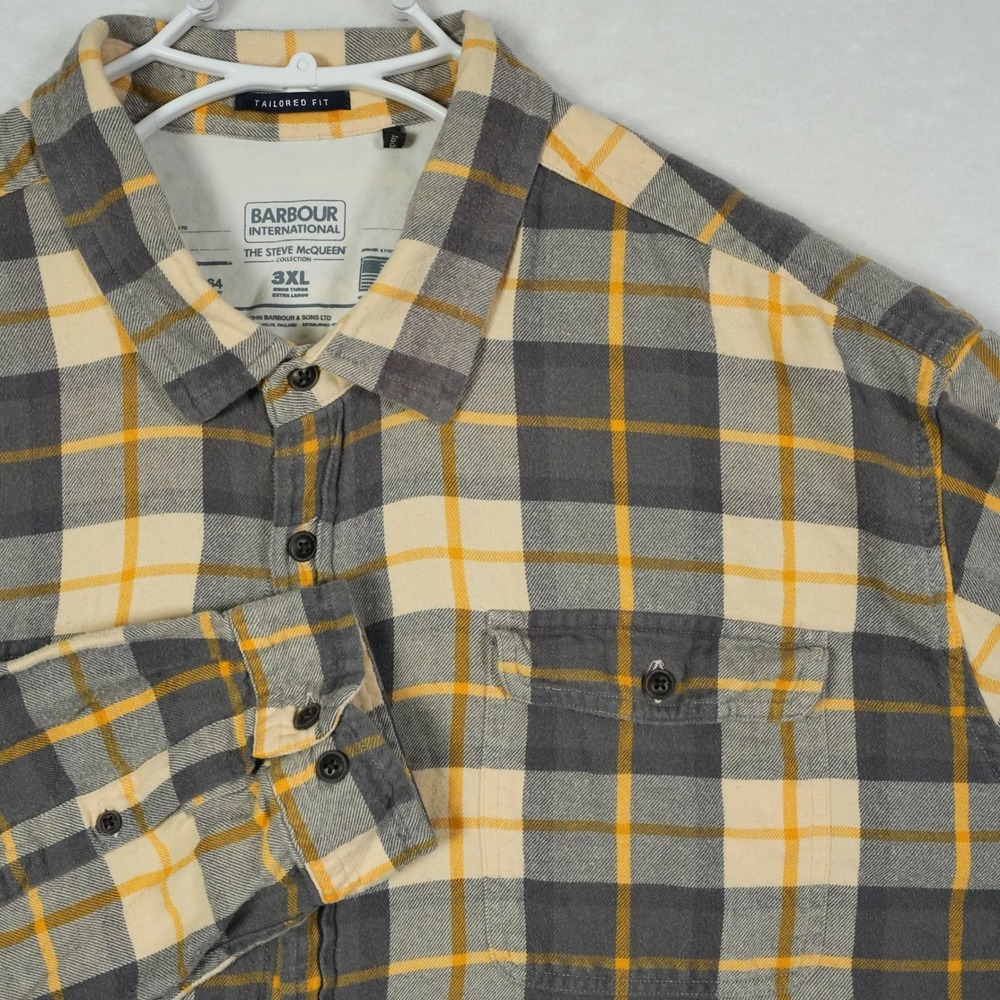 Barbour International Steve McQueen Plaid Flannel‎ Shirt Mens 3XL Grey Yellow